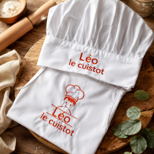 Ensemble tablier de cuisine et toque brodé au prénom et motif-Enfant-