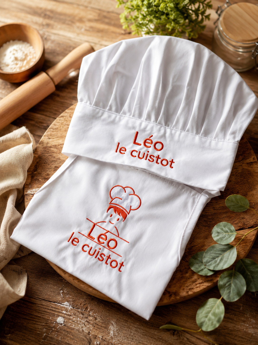Ensemble tablier de cuisine et toque brodé au prénom et motif-Enfant-