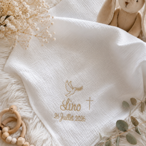 Lange de baptême personnalisé brodé – Prénom, date et motif religieux