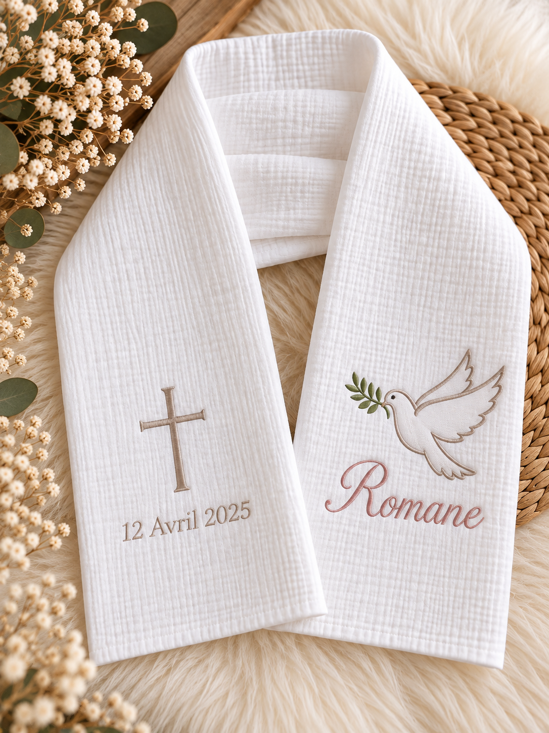 Echarpe de baptême avec une colombe et une croix